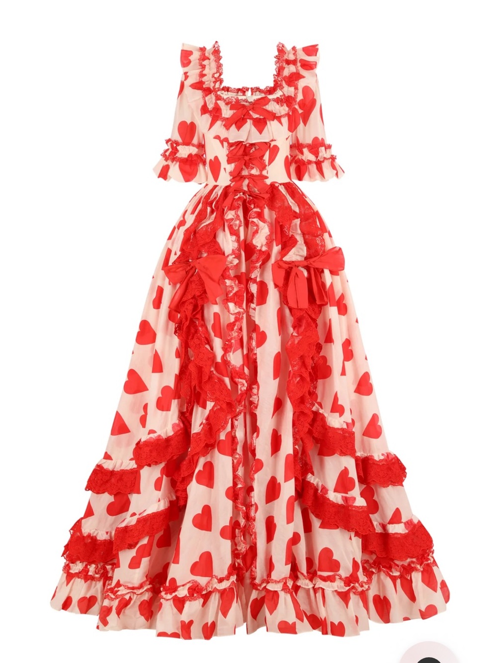 Selkie Red Heart-Print Ruffle Maxi Dress